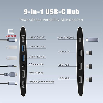 Adjustable Laptop Stand for Desk with Docking Station 9-in-1, Aluminum Laptop Riser with USB Hub, 360° Swivel, Dual Display 4K60Hz HDMI, 3 USB3.0, 100W PD Charging, for MacBook Pro Air/Dell/HP 7-15.6"