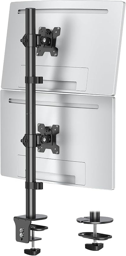 MOUNTUP Dual Monitor Stand, Vertical Monitor Mount for 2 Max 32 inch Stack Screen Monitors, Height Adjustable, Swivel, Tilt Monitor Desk Mount with C Clamp Grommet Base, Home Office