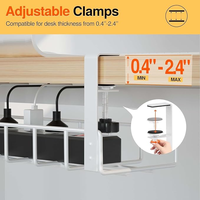 3 Pack Cable Management Under Desk Tray, 47.1" No Drill Under Desk Wire Management with Upgraded Clamp, Metal Cord Organizers with Cable Organizers, PC Cord Organization Rack, White
