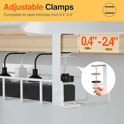 3 Pack Cable Management Under Desk Tray, 47.1" No Drill Under Desk Wire Management with Upgraded Clamp, Metal Cord Organizers with Cable Organizers, PC Cord Organization Rack, White