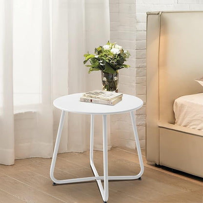 Patio Outdoor Side Table Waterproof Round Metal Steel Small Side Table Weather Resistant Portable Outdoor and Indoor End Table for Garden Balcony Yard, White