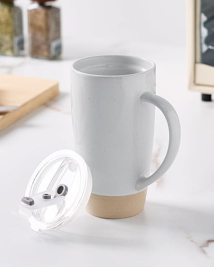 famiware Milkyway Coffee Mugs, 20oz Large Coffee Mug, Ceramic Mug Set of 4 with Lid, Cup Set with Handle for Latte, Tea, Cocoa, Milk, Home & Office, Light Gray and Dark Gray