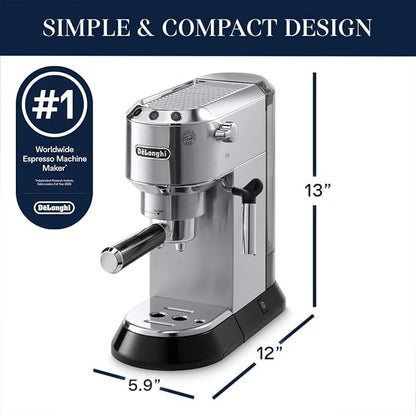 De'Longhi Dedica Espresso Machine, 15-Bar Pump, Frother, Stainless Steel | #1 Worldwide Espresso Machine Maker, Rapid Heat-Up, Frother, Compact Design, Easy to Clean