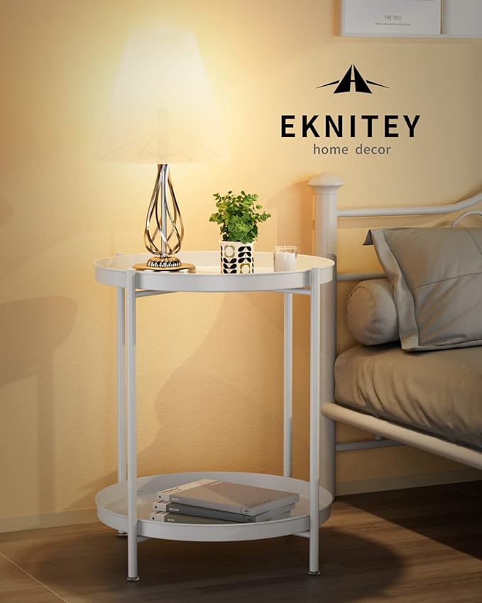 EKNITEY 2 Tier End Table - Metal Side Table Waterproof Small Sofa Coffee Side Tables Bedroom Indoor Outdoor with Removable Tray for Living Room Bedroom Balcony and Office (White)