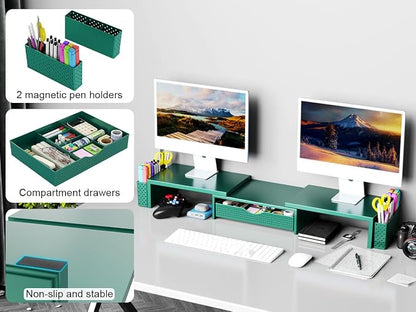 Spacrea Metal Desk Organizers and Accessories, Dual Monitor Stand Riser with Drawer and 2 Pen Holders, Desk Accessories & Workspace Desktop Organizers for Office Supplies (Dark Gree)