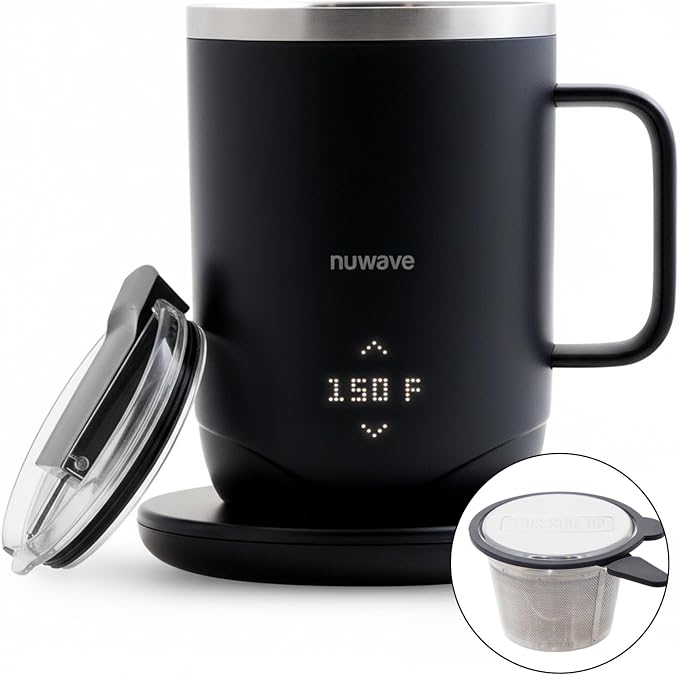 Nuwave Self-Heating Coffee Mug with Charging Base, 16oz, 45201BV02 | Heated Coffee Cup, 5Hr Cordless Runtime, LED Touch Controls, Adjustable Brew Settings, Includes Stainless Steel Filter