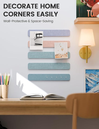 Fluxynara 13" x 2" Felt Wall Panels, Coastal Haze | 5-Pack Cork Board Alternative with 35 Push Pins, Adhesive Mounting for Bedroom Door or Home Office