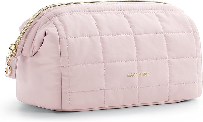 BAGSMART Makeup Bag Travel Toiletry Bag, Wide-open Zipper Pouch, Pink | Puffy Padded, Travel Essentials, Make Up Bag, For Women, Makeup Organizer, Toiletries Accessories Brushes