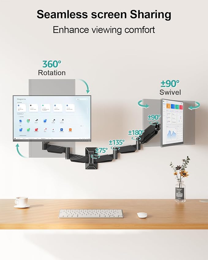 Long Arm Dual Monitor Wall Mount, Gas Spring Wall Monitor Arm for 17-32" Screens, 27.1" Extra Long Monitor Mount, Holds up to 17.6 lbs Each, Full Motion VESA Mount, 75/100, Black