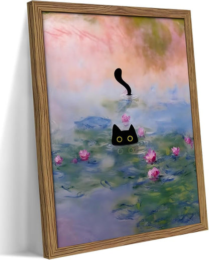 Vintage Framed Cat Canvas Wall Art Monet Print, Funny Black Cat in Water Lilies Poster, Monet Office Wall Decor, Floral Oil Painting Picture Artwork for Living Room Bathroom Aesthetic – 16x24 inch