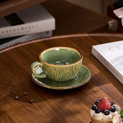 Coffeezone Vintage Design 12 oz Ceramic Latte Art Cappuccino Barista Cup with Saucer (Wave Green)