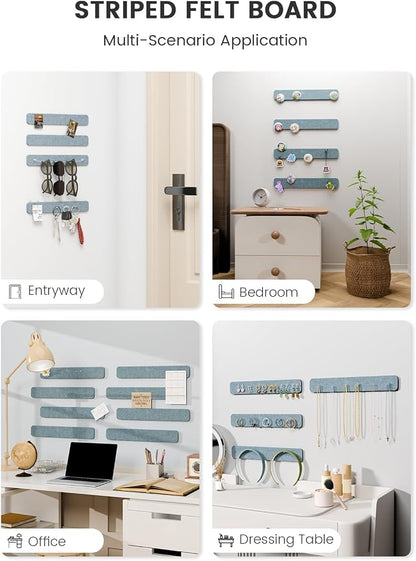 Fluxynara 13" x 2" Felt Wall Panels, Dusty Blue | 8-Pack Includes 50 Push Pins and Adhesive Tabs for Photos, Notes and Decor in Bedroom Doors, Home Office or Studios