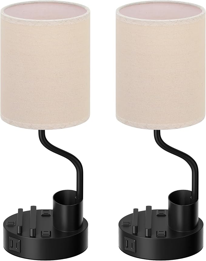 Fenmzee Bedside Lamps for Bedroom Set of 2 - Table Desk Lamp for Nightstand | 15" Table Lamp for Living Room with Pen Holder & Phone Stand, USB A+C Port, AC Outlet, 3 Color Temperature, LED Bulb Included