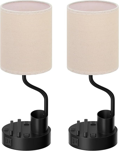 Fenmzee Bedside Lamps for Bedroom Set of 2 - Table Desk Lamp for Nightstand | 15" Table Lamp for Living Room with Pen Holder & Phone Stand, USB A+C Port, AC Outlet, 3 Color Temperature, LED Bulb Included