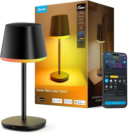 Govee Smart Cordless Table Lamp Classic (No Adapter), RGBIC Desk Lamp | Rechargeable Table Lamp for Bedroom, Living Room, Portable Lamp Works with Matter, Bedside Lamp with 72 Scenes Modes, 500lm