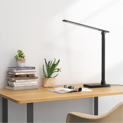 Lepro Desk Lamp with USB Charging Port for Home Office, 650LM 9.5W, Black | Dimmable Task Light, 5 Colors 5 Brightness, Eye Caring Table Lamp for Dorm Room, Sewing, Crafting, Reading, Nail, Drafts