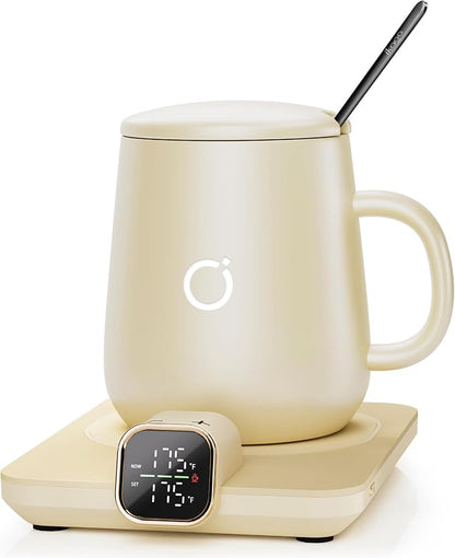 Coffee Cup Warmer & IKAGO Mug Set, 1℉ Precise Temp Control Mug Warmer | Auto Shut Off, Infrared Sensor, Dual Temp Display, ℉/℃ Optional, 15oz Mug with Spoon & Lid Included, Gifts for Men Women