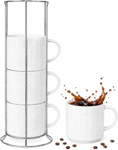 HASENSE Coffee Mugs 12 OZ Ceramic Cups Set of 4, Stackable Embossed Coffee Cups with Rack, Porcelain Coffee Cups for Latte, Cappuccino, Mocha, Cocoa, Americano, Hot Tea and Milk, White