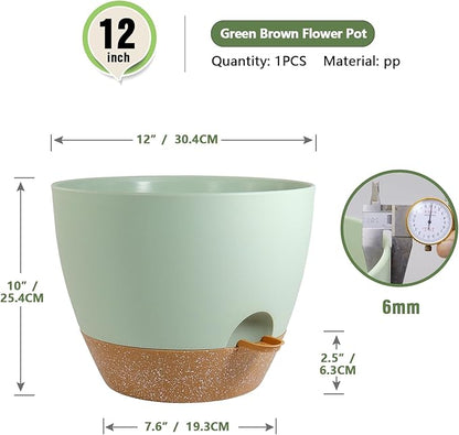12 inch Large Self Watering Pots, Plant Pots with Mesh Drainage Holes for Indoor Outdoor Plants, Plastic Planters with Deep Reservoir for Garden House Flower Plants, Green with Brown