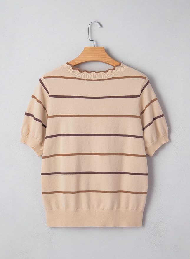 Dokotoo Womens Summer Short Sleeve Knit Tops 2026 Spring Trendy Casual V Neck Striped Sweater Blouses