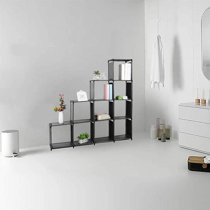 10-Cube Storage Organizer Rack, Staircase Organizer Modular Bookcase, DIY Storage Organizer Closet Shelf, Bookcase in Living Room, Bedroom for Toys and Daily Necessities, Black