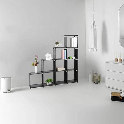 10-Cube Storage Organizer Rack, Staircase Organizer Modular Bookcase, DIY Storage Organizer Closet Shelf, Bookcase in Living Room, Bedroom for Toys and Daily Necessities, Black