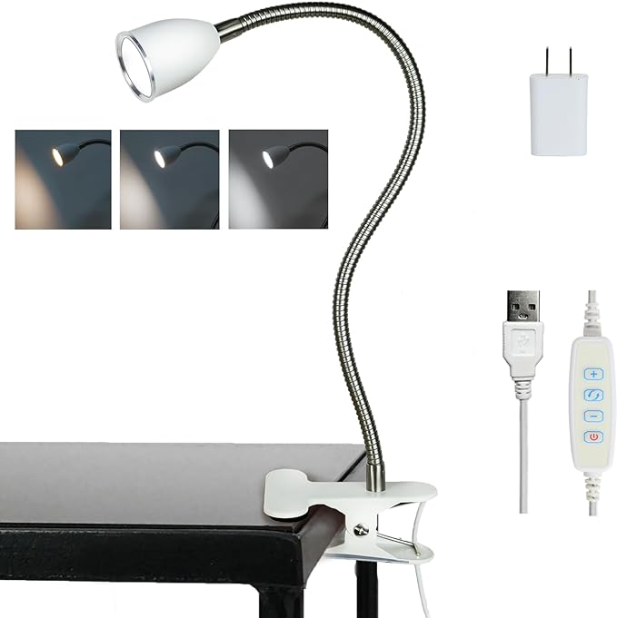 Desk lamp Eye-Caring Table Lamps, 360°Rotation Gooseneck Clip on Lamp Reading Light, Portable Reading Book Light, Clamp Light, Study Desk Lamps for Bedroom and Office Home Lighting (White-C01)