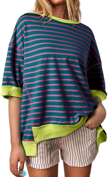 SHEWIN Womens Tops Casual Short Sleeve Sweatshirt Crewneck Striped Shirt Pullover T Shirts Loose Blouses