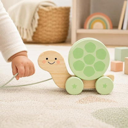 Pearhead Wooden Turtle Push and Pull Toy, Montessori Shake and Rattle Shell, Baby Walking and Gross Motor Development Learning, Pull Along Car Toy, Ages 12m+