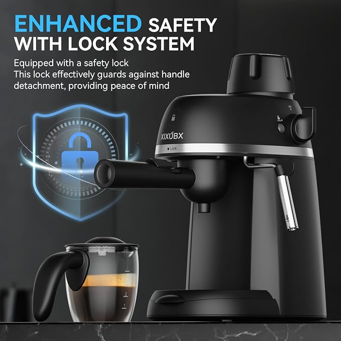 XIXUBX Compact Espresso & Cappuccino Machine, 3.5 Bar with Steam Wand | 800W Fast Heating, Safety Lock & Tritan Cup, One-Touch 4-Cup Brewing & Powerful Steam for Latte, Black for Home & Office