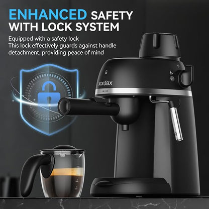 XIXUBX Compact Espresso & Cappuccino Machine, 3.5 Bar with Steam Wand | 800W Fast Heating, Safety Lock & Tritan Cup, One-Touch 4-Cup Brewing & Powerful Steam for Latte, Black for Home & Office