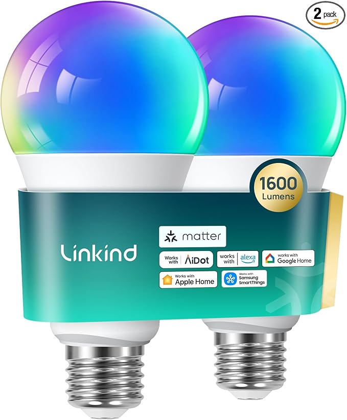 Linkind Matter Smart Light Bulb,1600LM 100W Smart Bulbs Work with Alexa/Apple Home/Google Home/SmartThings, RGBTW LED Color Changing Bulbs Music Sync, 2.4GHz Wi-Fi Light Bulbs LED 11W, A21 E26, 2Pack
