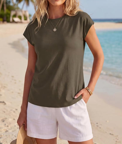 GRECERELLE Womens Summer Tops Cap Sleeve Crew Neck Basic T-Shirt | Everyday Casual Wear, Layering Friendly, Wrinkle-Resistant, Business Casual Ready, Lightweight & Packable, Capsule Wardrobe