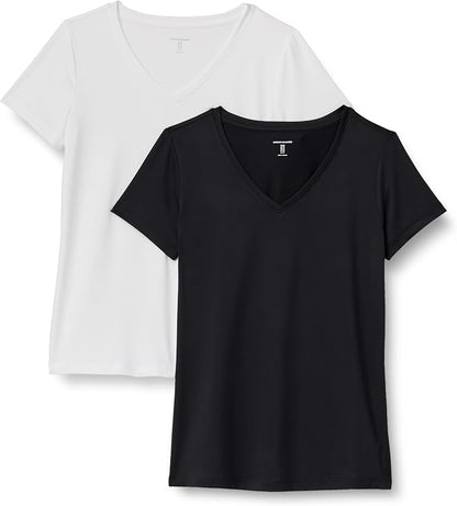 Amazon Essentials Women's Active Quick Dry Tech Stretch Short-Sleeve V-Neck T-Shirt (Available in Plus Size), Pack of 2