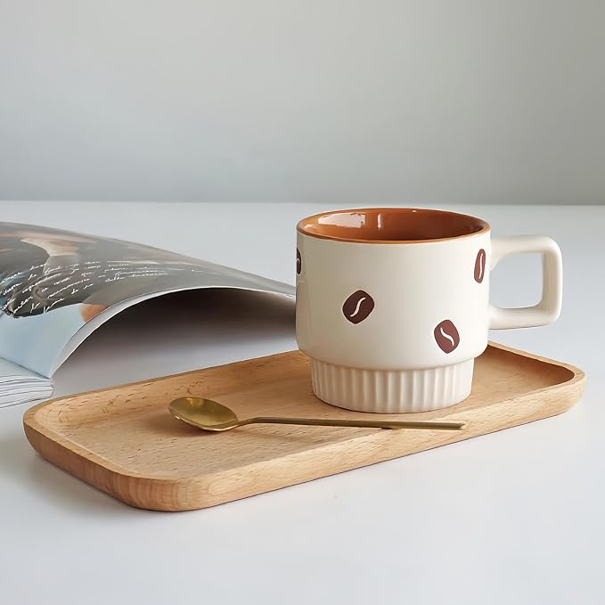 Stackable Coffee Mug Sets of 4 with Rack Tea Cup Set with Spoon 11oz for Coffee, Tea, Cocoa, Cappuccino, Hot Chocolate Ceramic Espresso Cups with Coffee Cup Holder, theme of Trendy