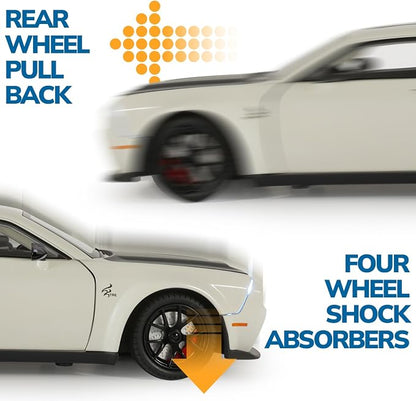 Car Toys for Boys 1/24 Diecast Cars Hellcat SRT Collectibles Model Kit,Pull Back Metal Toy Car with Lights and Sounds,Toy Cars for Boys Age 4-7（White）