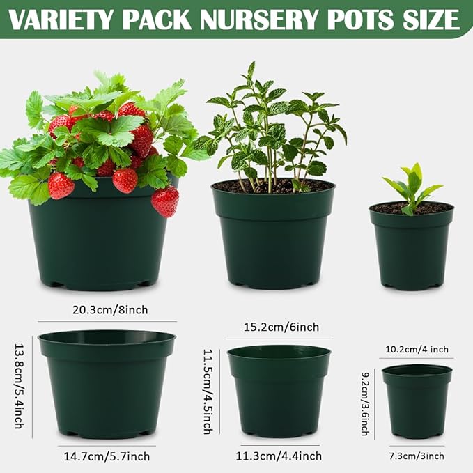 15 Pack 4/6/8 Inch Plant Nursery Pots, Sturdy Plant Pots with Drainage Holes, Ideal for Seedlings, Indoor/Outdoor Use, Green