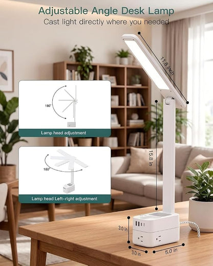 Addtam Desk Lamp with Pen Holder, LED Desk Lamps for Home Office, Power Strip with 3 Outlets 4 USB Charging Ports(2 USBC), 3 Color Modes Touch Lamp, Study Lamps for College Dorm Room Essentials, White