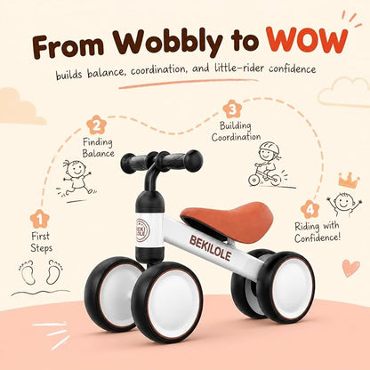 BEKILOLE Baby Balance Bike for 1 Year Old Boys Girls, 12-24 Month Toddler Balance Bike, No-Pedal 4 Silent Wheels, Ride-On Toys for 1 Year Old, 1st Birthday Boy Gifts, White Brown