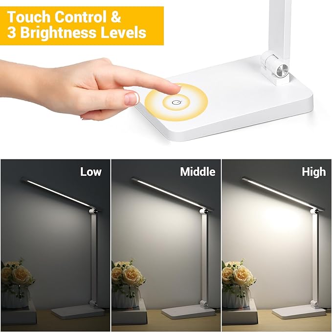 LED Desk Lamp for Home Office, 3 Levels Dimmable Desk Light with USB Charging Port, Small Study Lamp, Reading Light for Table, White, 5000K