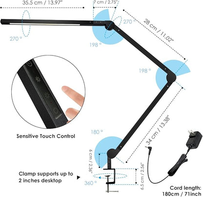 Desk Lamp with Clamp | Swing Arm Desk Light | Eye Caring Table Lamp, Dimmable, 5 Color Modes, Memory, Timer | Modern Architect Desk Lamps for Home Office Study Work Task Drafting Workbench
