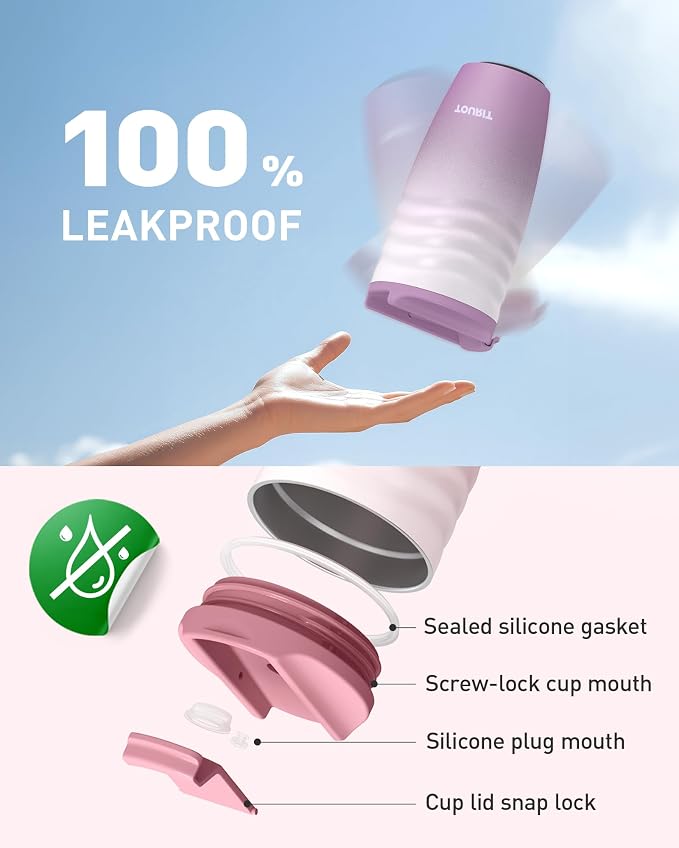 TOURIT 16 oz Travel Coffee Mug, Vacuum Insulated Stainless Steel Tumbler with Ripple-Wave Anti-Slip Grip, Built-in Silicone Bottom for Quiet & Stable, Leak-Proof Lid, Fits Car Cup Holder, Rose