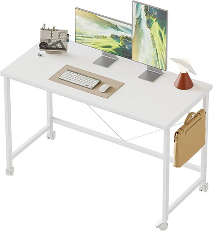 Mericonia 39x20 Inch Computer Desk with Wheels, Small Simple Rolling Desk | Writing Table for Home Office Bedroom Work Study, White