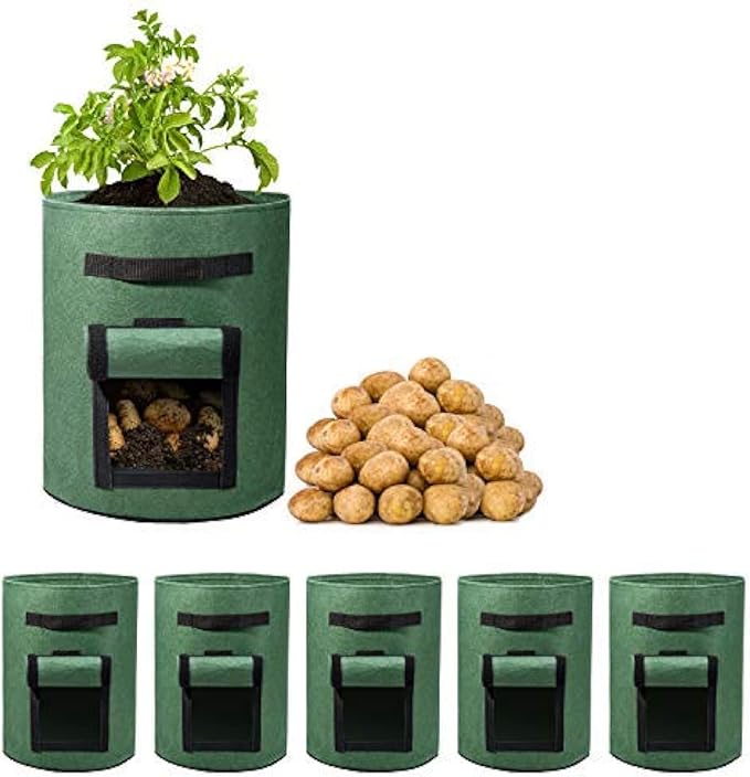 Delxo 5 Pack 7 Gallon Potato Growing Bags, Planter Garden Grow Bags with Flap, Double Layer Breathable Nonwoven Cloth for Planting,Vegetable,Tomato,Aeration Fabric Pots with Handles Green