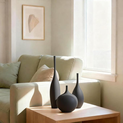 Relexome Black Ceramic Vase Modern Boho Wabi-Sabi Flower Vase Set of 3 Decorative Aesthetic Vases for Centerpieces Matte Minimalist Vases for Living Room Table Shelf Home Decor Gift