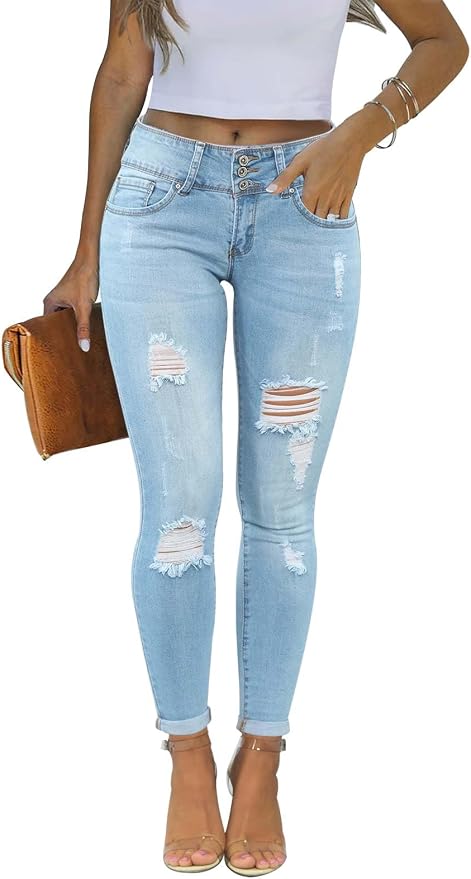 KUNMI Women's Skinny Ripped Trendy Jeans Distressed Stretchy Denim Pants