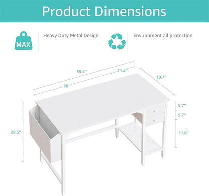 Lufeiya White Small Desk with Drawers - 40 Inch Computer Desk for Small Space Home Office, Modern Simple Study Writing Table PC Desks