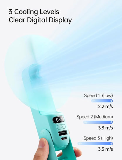 JISULIFE Portable Handheld Fan, 3 In 1-Fan, Power Bank, Flashlight, Cyan | Mini Cooling Essential for Outdoor, Small, On-the-Go Pocket Hand Design, 24 Hours, Auto Shut-Off Safety Soft Blade