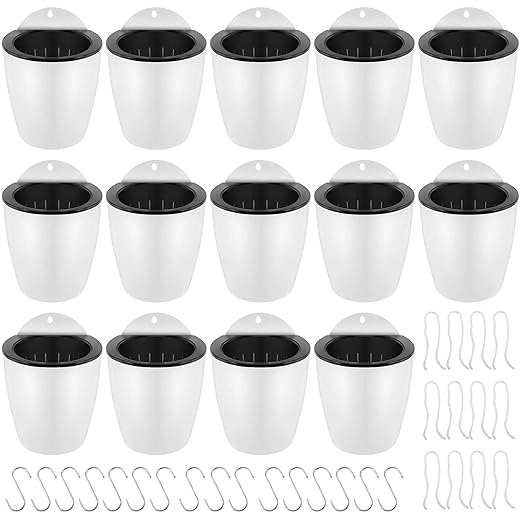 14 Pack 5 Inch Self Watering Wall Mounted Planters, Plant Flower Pots with Hooks and Wicks for Indoor and Outdoor, White