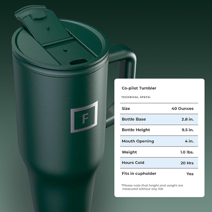 IRON °FLASK 40 oz Co-Pilot Insulated Travel Mug | Insulated Travel Mug with Straw & Flip Cap Lids - Cup Holder Fit, Leakproof, BPA Free (Dark Pine)